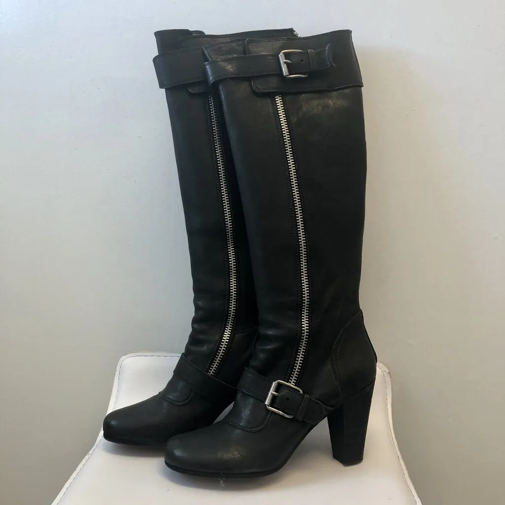 French Designer Moto Tall round toe high heeled boots in black