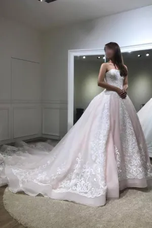 Gorgeous Ball Gown Baby Pink Lace Appliques Wedding Gown Princess Bridal Dress N412