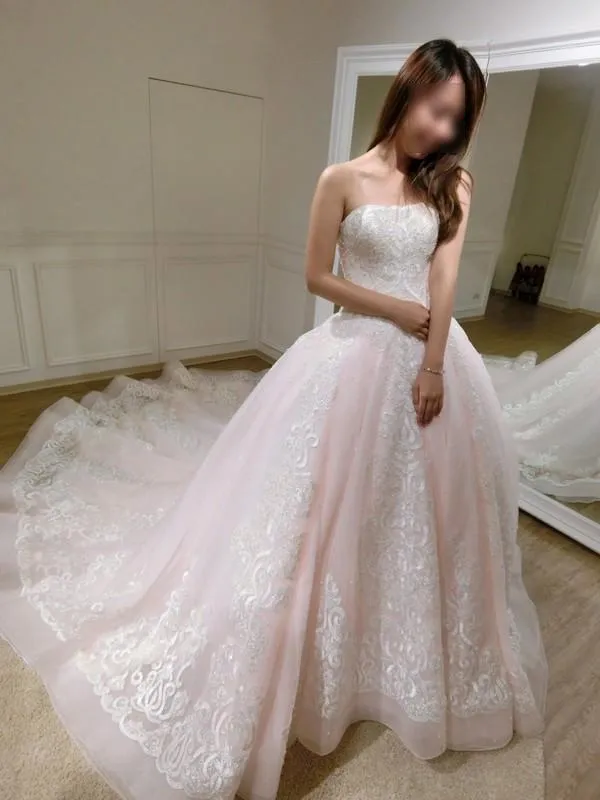 Gorgeous Ball Gown Baby Pink Lace Appliques Wedding Gown,Princess Bridal Dress,N412