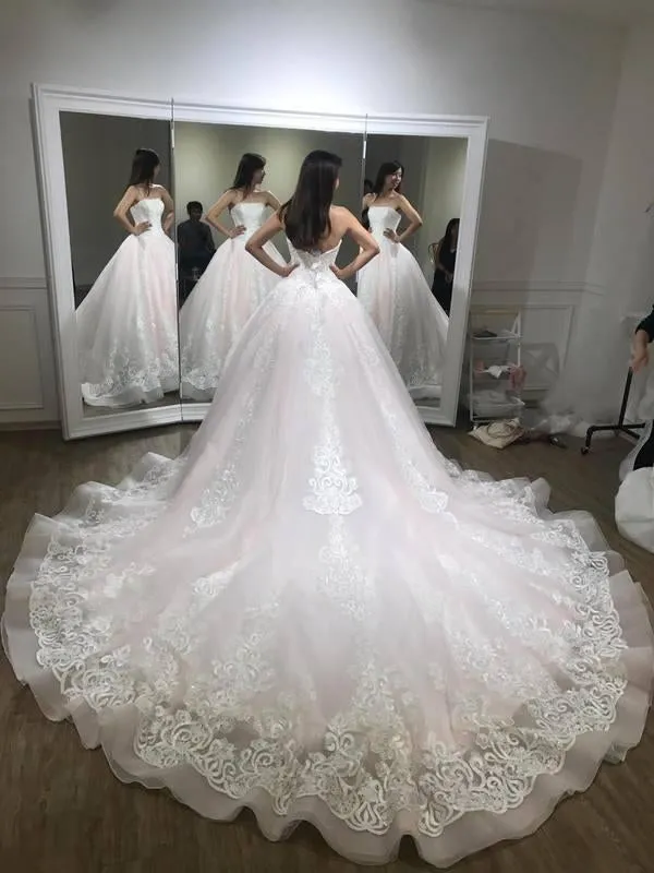 Gorgeous Ball Gown Baby Pink Lace Appliques Wedding Gown,Princess Bridal Dress,N412