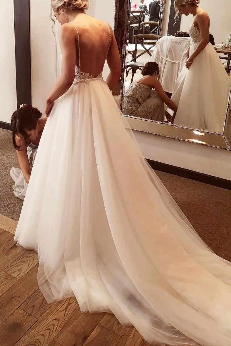 Ivory Backless Spaghetti Straps Tulle Beach Wedding Dress Lace Applique Bridal Dress N2415