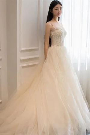 Ivory Spaghetti Straps Appliques A Line Court Train Tulle Beach Wedding Dress N1226