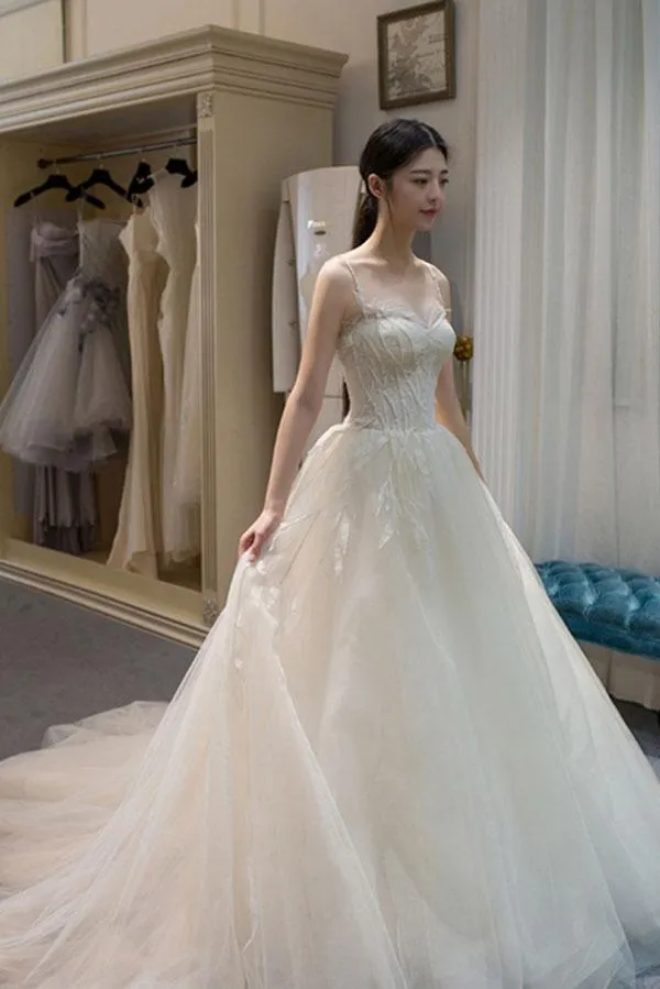 Ivory Spaghetti Straps Appliques A Line Court Train Tulle Beach Wedding Dress N1226