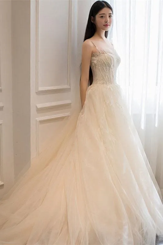 Ivory Spaghetti Straps Appliques A Line Court Train Tulle Beach Wedding Dress N1226