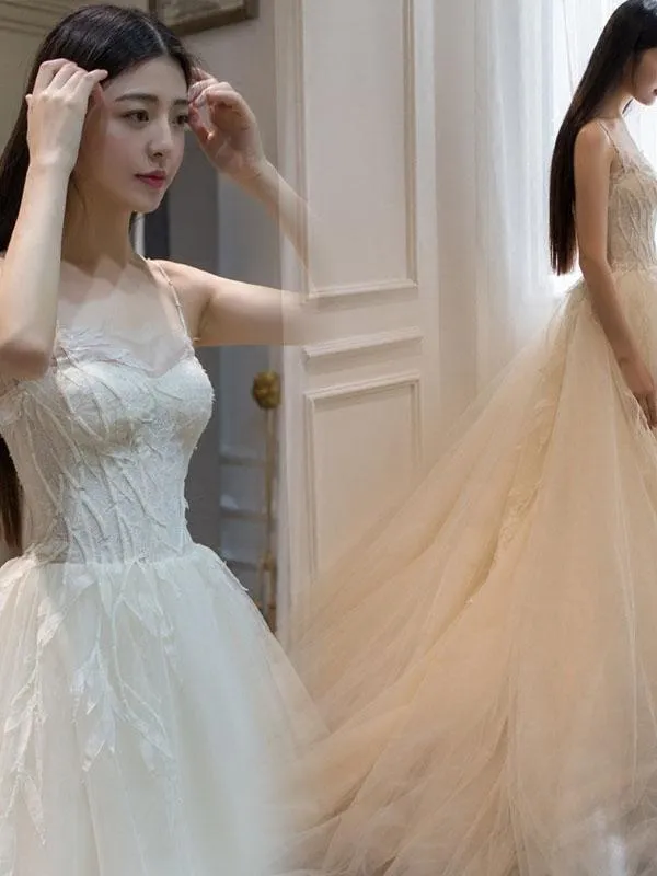 Ivory Spaghetti Straps Appliques A Line Court Train Tulle Beach Wedding Dress N1226