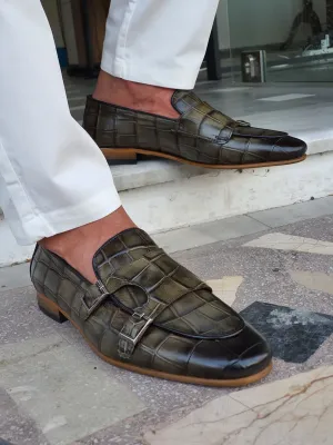 Jake Sardinelli Double Buckled Croc Khaki Leather Shoes