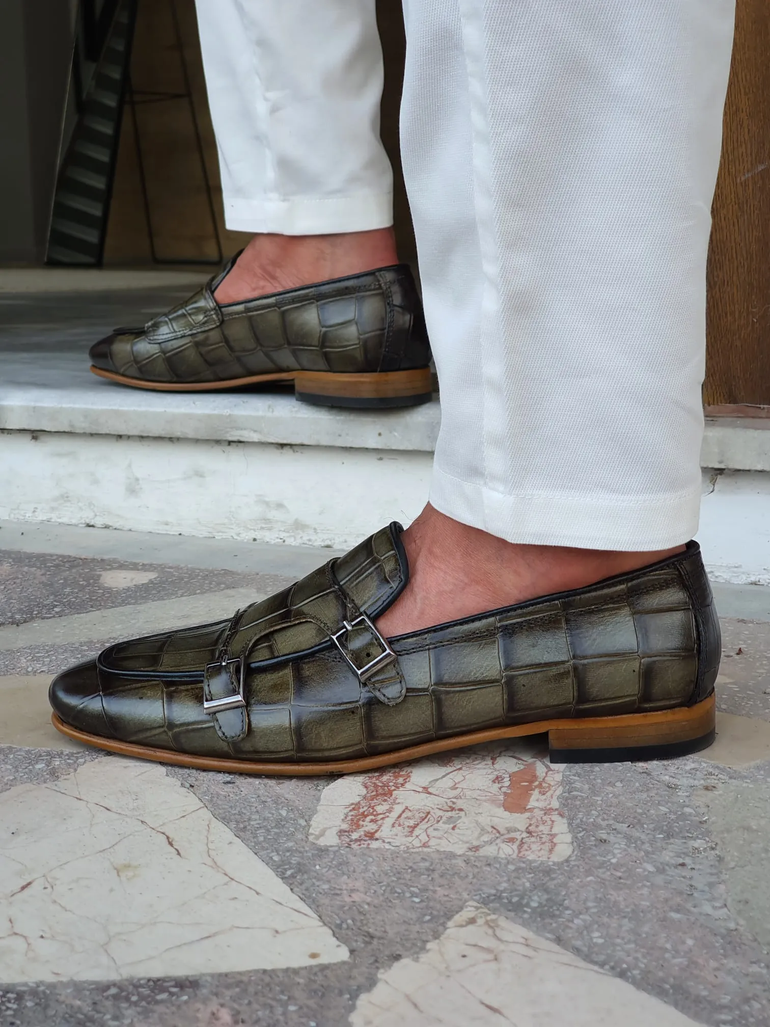 Jake Sardinelli Double Buckled Croc Khaki Leather Shoes
