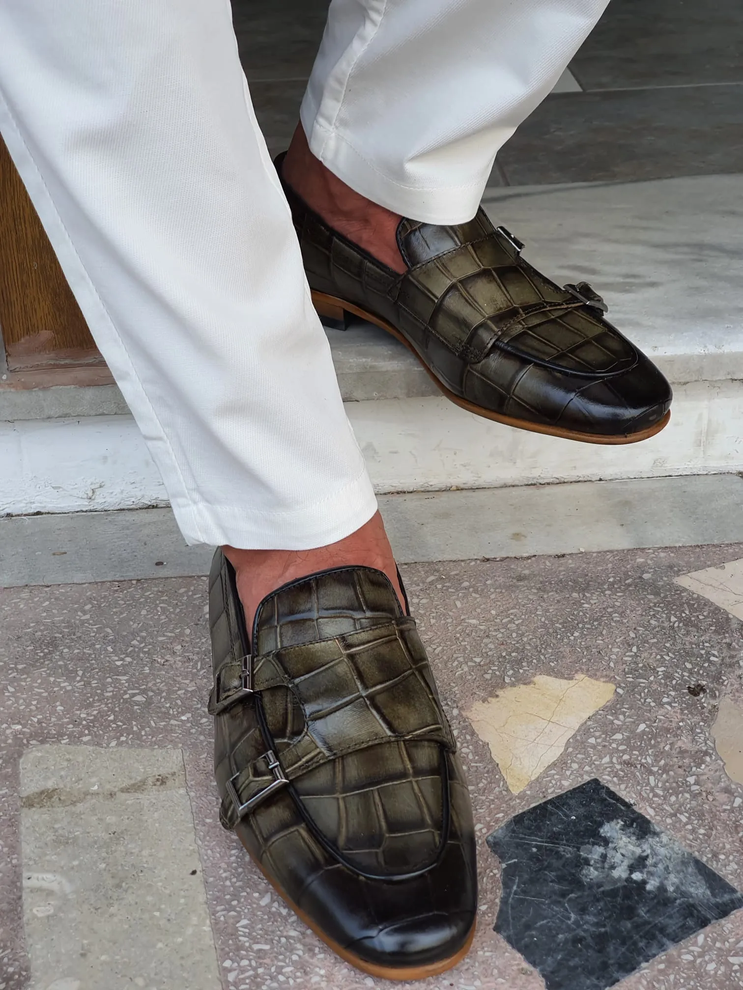 Jake Sardinelli Double Buckled Croc Khaki Leather Shoes