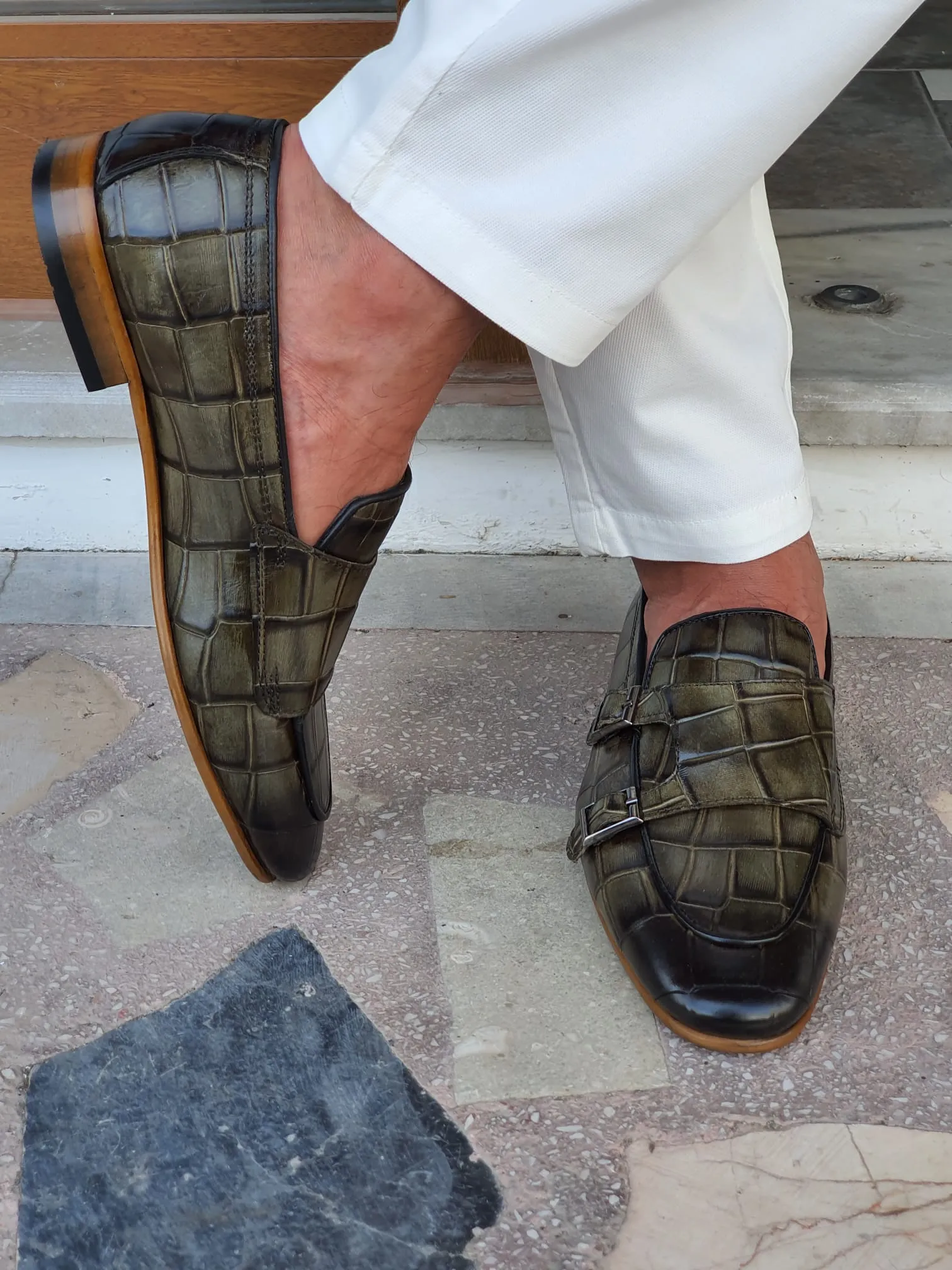 Jake Sardinelli Double Buckled Croc Khaki Leather Shoes