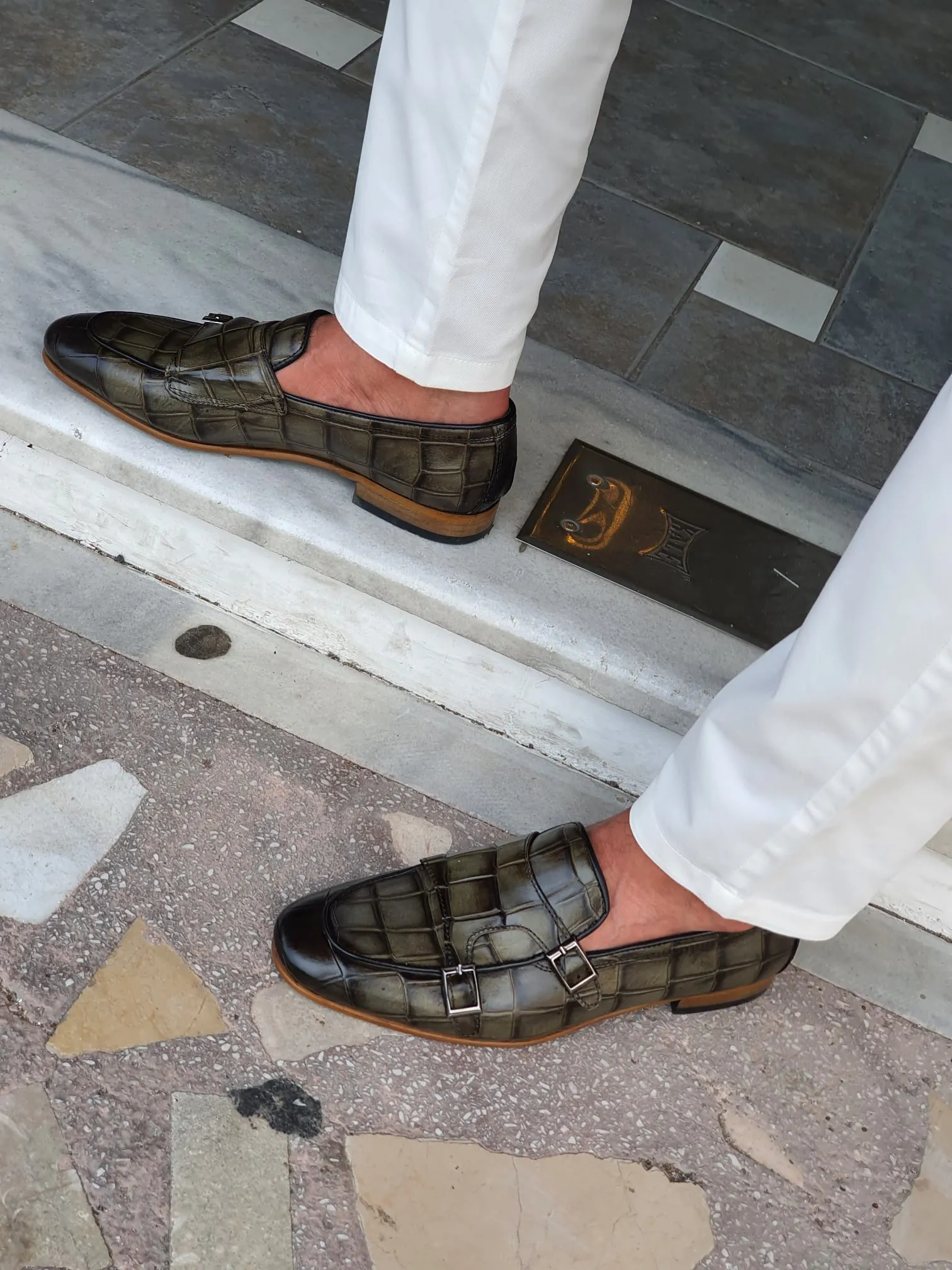 Jake Sardinelli Double Buckled Croc Khaki Leather Shoes