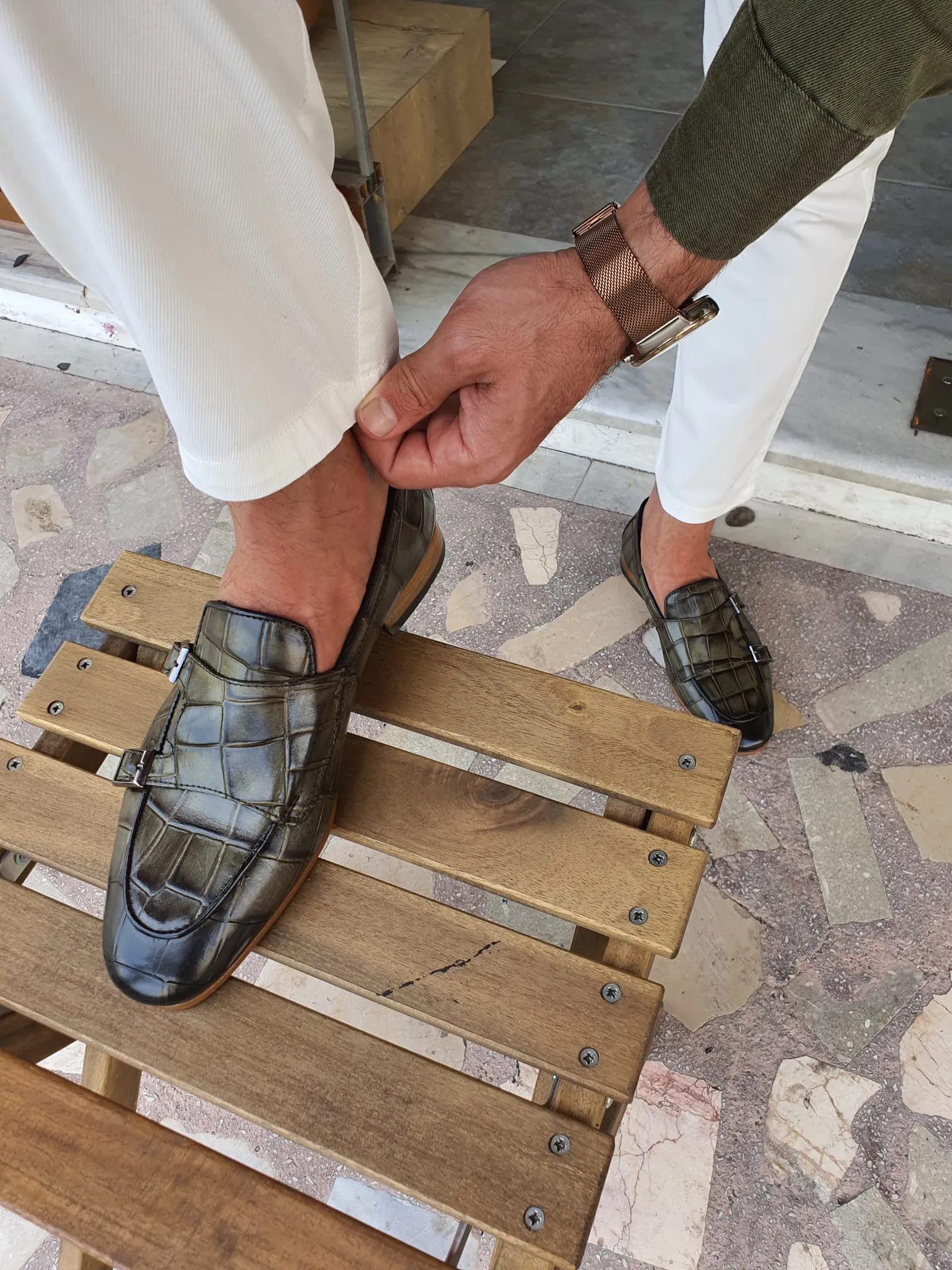 Jake Sardinelli Double Buckled Croc Khaki Leather Shoes