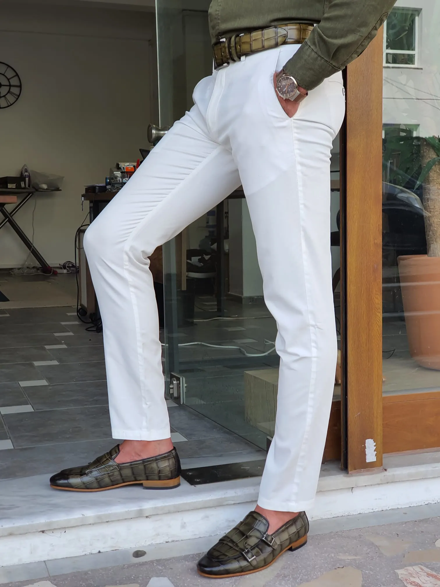 Jake Sardinelli Double Buckled Croc Khaki Leather Shoes