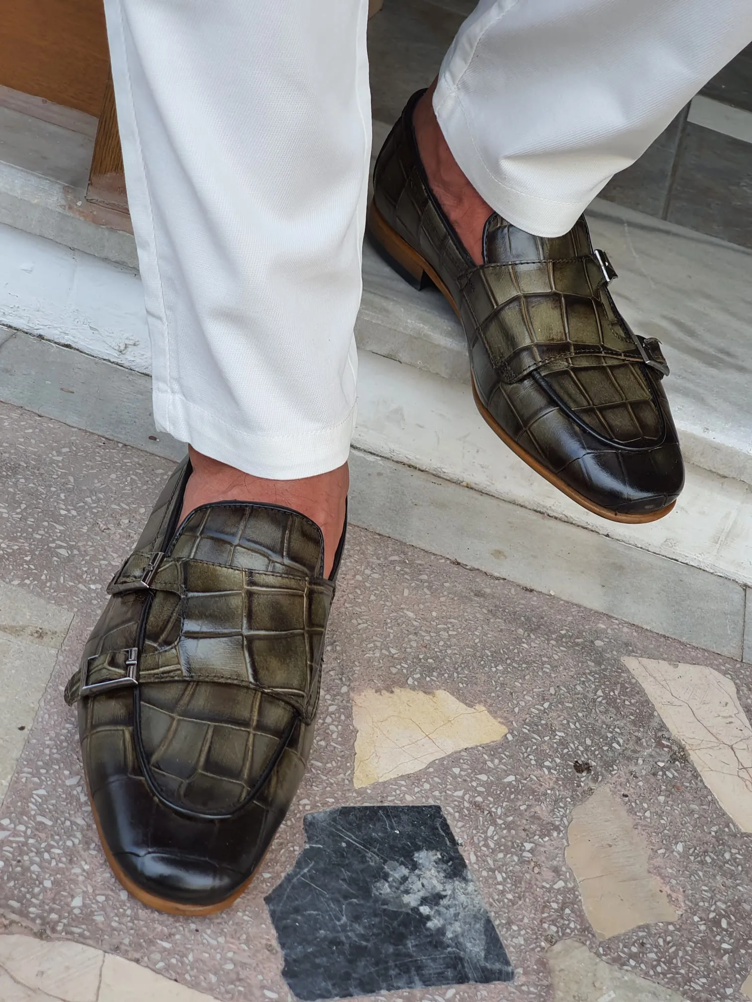 Jake Sardinelli Double Buckled Croc Khaki Leather Shoes