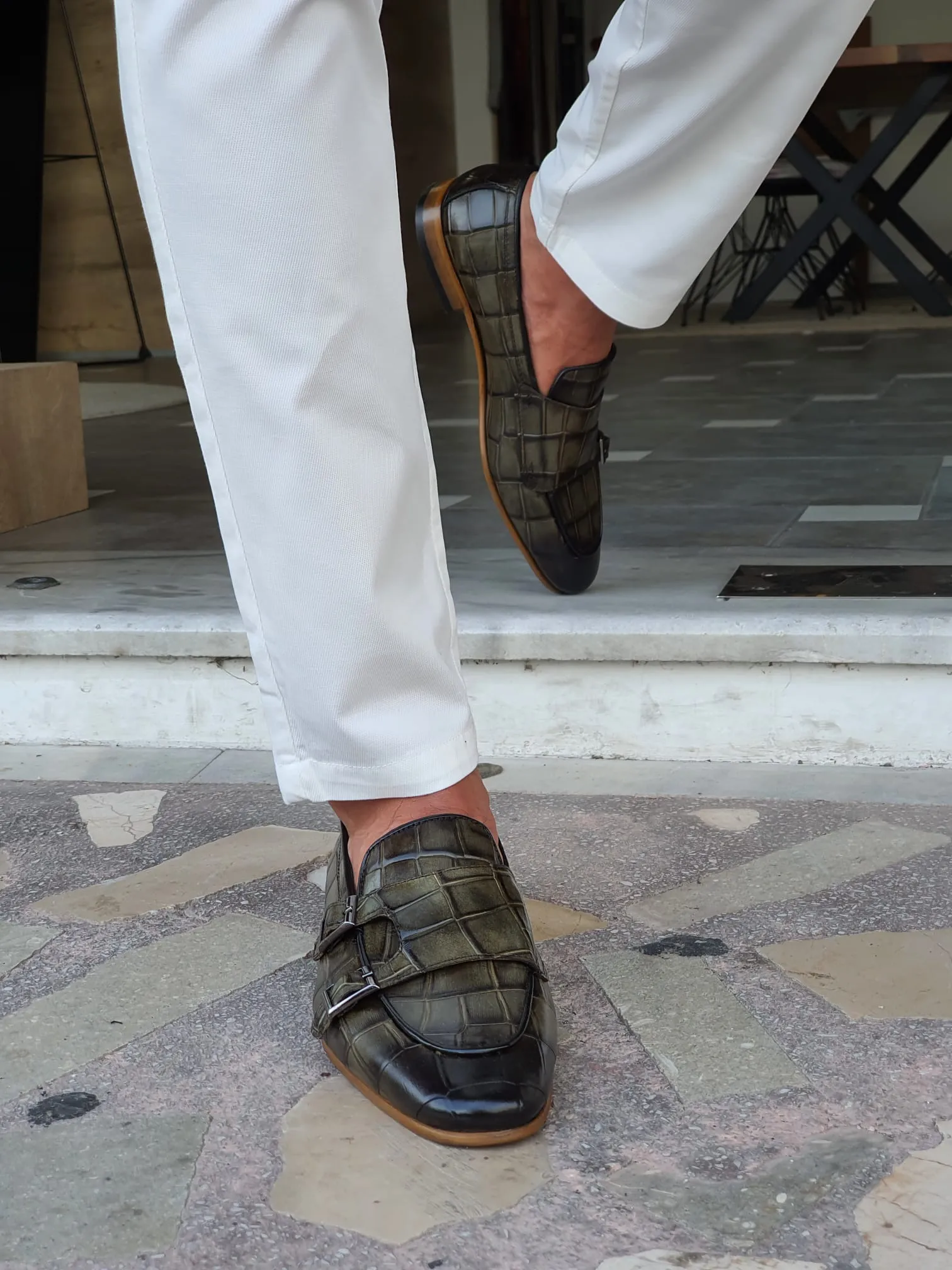 Jake Sardinelli Double Buckled Croc Khaki Leather Shoes