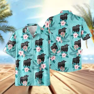 Joy Corners Black Angus Aloha Cyan Color 3D Hawaiian Shirt