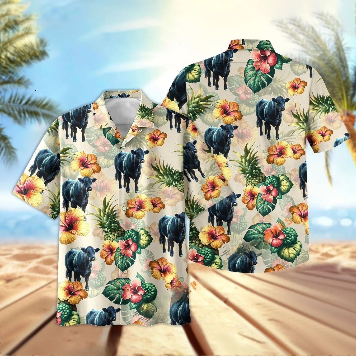 Joy Corners Black Angus Hibiscus Pineapple 3D Hawaiian Shirt