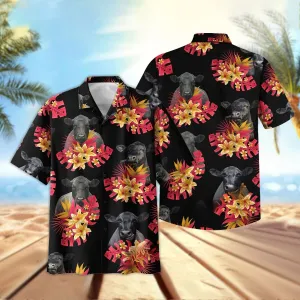 Joy Corners Black Angus Red Flowers Pattern 3D Hawaiian Shirt