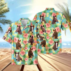 Joy Corners Horse Tropical Plants Leaves  3D Hawaiian Shirt