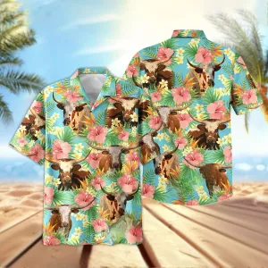 Joy Corners Texas Longhorn Tropical Plants Leaves 3D Hawaiian Shirt