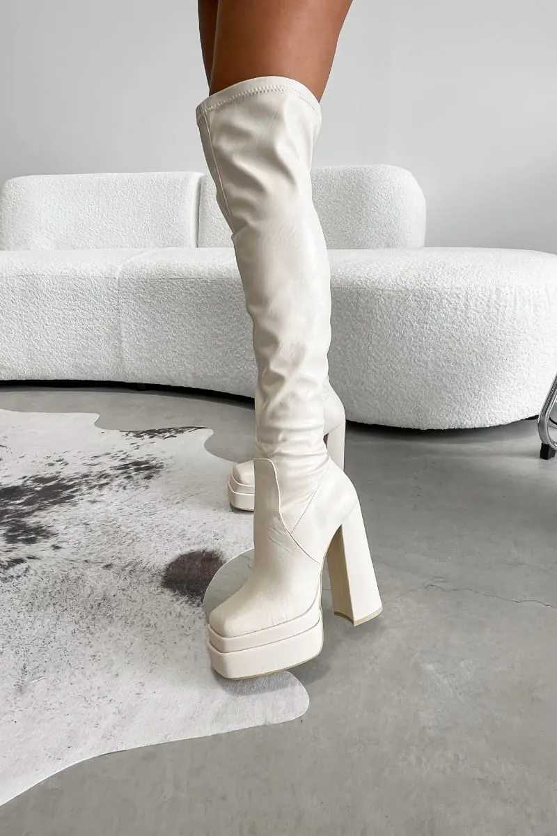 KHLO Chunky Over Knee Stretch Boots - Cream