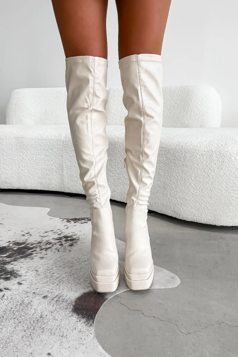 KHLO Chunky Over Knee Stretch Boots - Cream