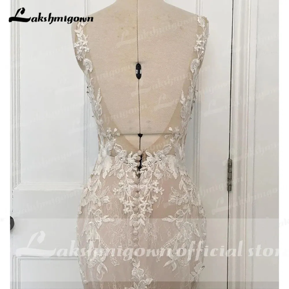 Lakshmigown V Neck Lace Appliques Illusion Court Train Wedding Dress 2023 Boho Mermaid/Trumpet Bridal vestido branco sereia