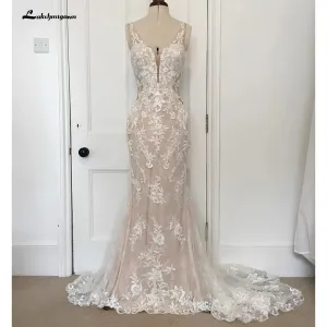 Lakshmigown V Neck Lace Appliques Illusion Court Train Wedding Dress 2023 Boho Mermaid/Trumpet Bridal vestido branco sereia