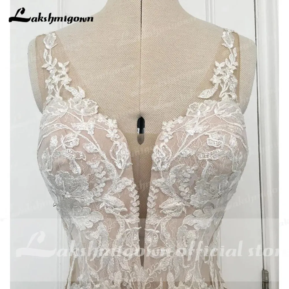 Lakshmigown V Neck Lace Appliques Illusion Court Train Wedding Dress 2023 Boho Mermaid/Trumpet Bridal vestido branco sereia