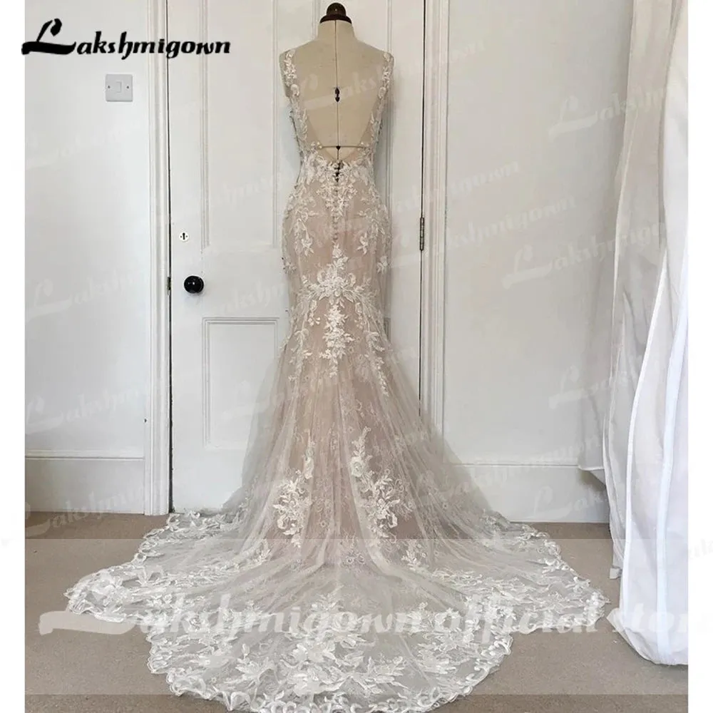 Lakshmigown V Neck Lace Appliques Illusion Court Train Wedding Dress 2023 Boho Mermaid/Trumpet Bridal vestido branco sereia