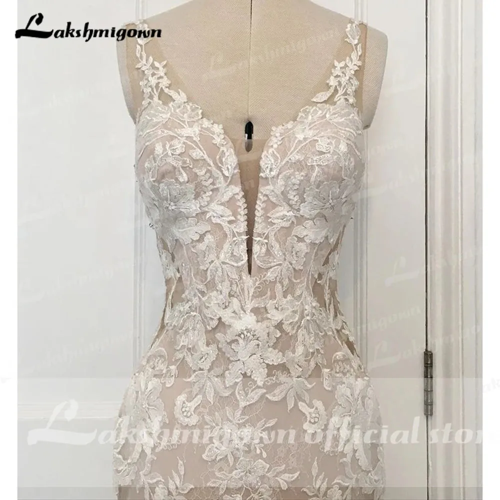 Lakshmigown V Neck Lace Appliques Illusion Court Train Wedding Dress 2023 Boho Mermaid/Trumpet Bridal vestido branco sereia