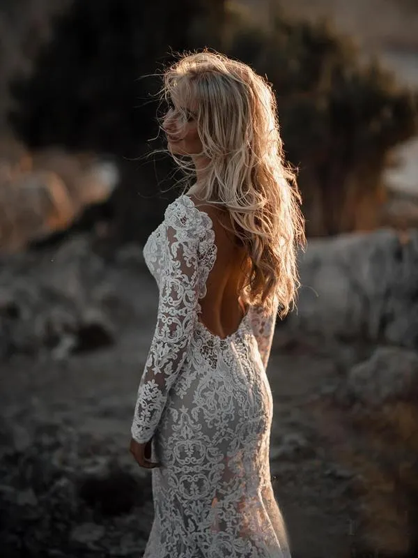 Long Sleeve Lace V Neck Boho Wedding Dress Beach Wedding Gown N1479