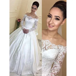 Long Sleeves Off-the-Shoulder Ball Gown Court Train Wedding Dresses, WD0403
