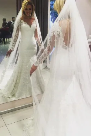Long Sleeves V-neck Sheer Back Mermaid Wedding Dress Bridal Dress(without veil)N545