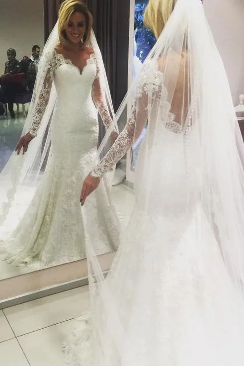 Long Sleeves V-neck Sheer Back Mermaid Wedding Dress Bridal Dress(without veil)N545