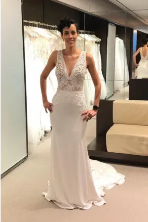 Mermaid V-Neck Backless Court Train Ivory Wedding Dress with Lace PFW0347