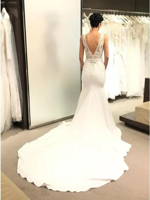 Mermaid V-Neck Backless Court Train Ivory Wedding Dress with Lace PFW0347