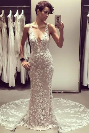 Mermaid V-Neck Backless Court Train Wedding Dress with Lace Appliques PFW0348
