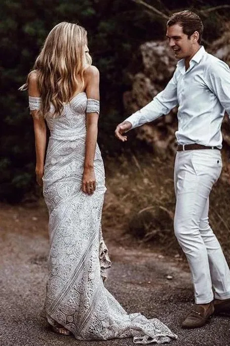 Modest Sweetheart Neck Lace Bridal Dress Beach Wedding Dresses, Boho Bridal Dress UQW0010