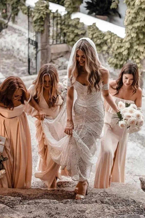 Modest Sweetheart Neck Lace Bridal Dress Beach Wedding Dresses, Boho Bridal Dress UQW0010
