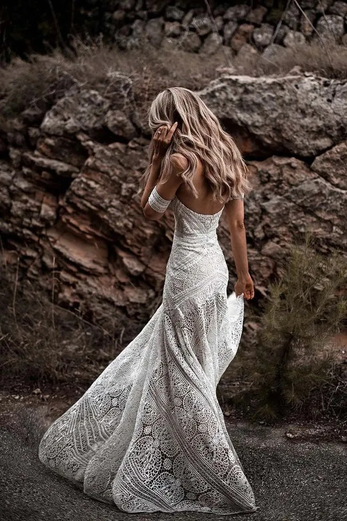 Modest Sweetheart Neck Lace Bridal Dress Beach Wedding Dresses, Boho Bridal Dress UQW0010