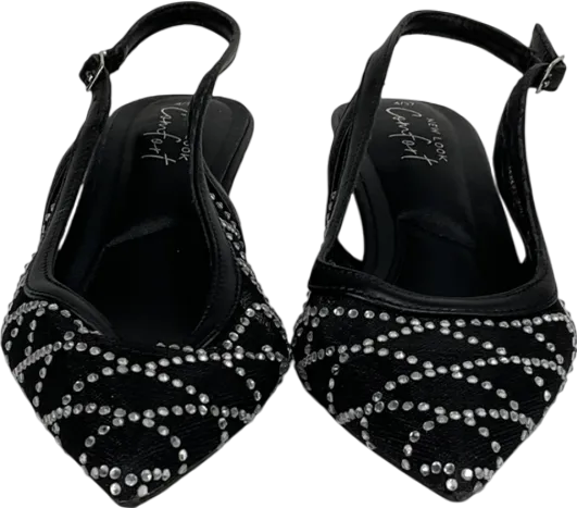 New Look Black Diamanté Slingback Kitten Heel Court Shoes UK 4 EU 37 👠