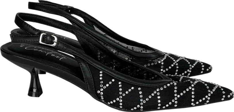 New Look Black Diamanté Slingback Kitten Heel Court Shoes UK 4 EU 37 👠