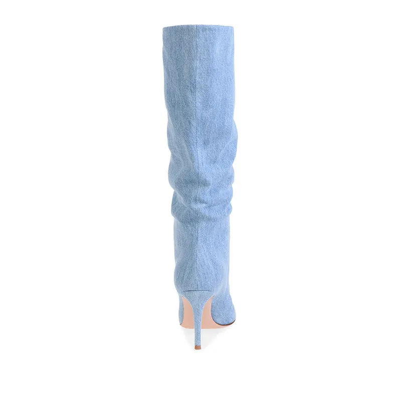 Pencil Heel Denim Knee-high Boots