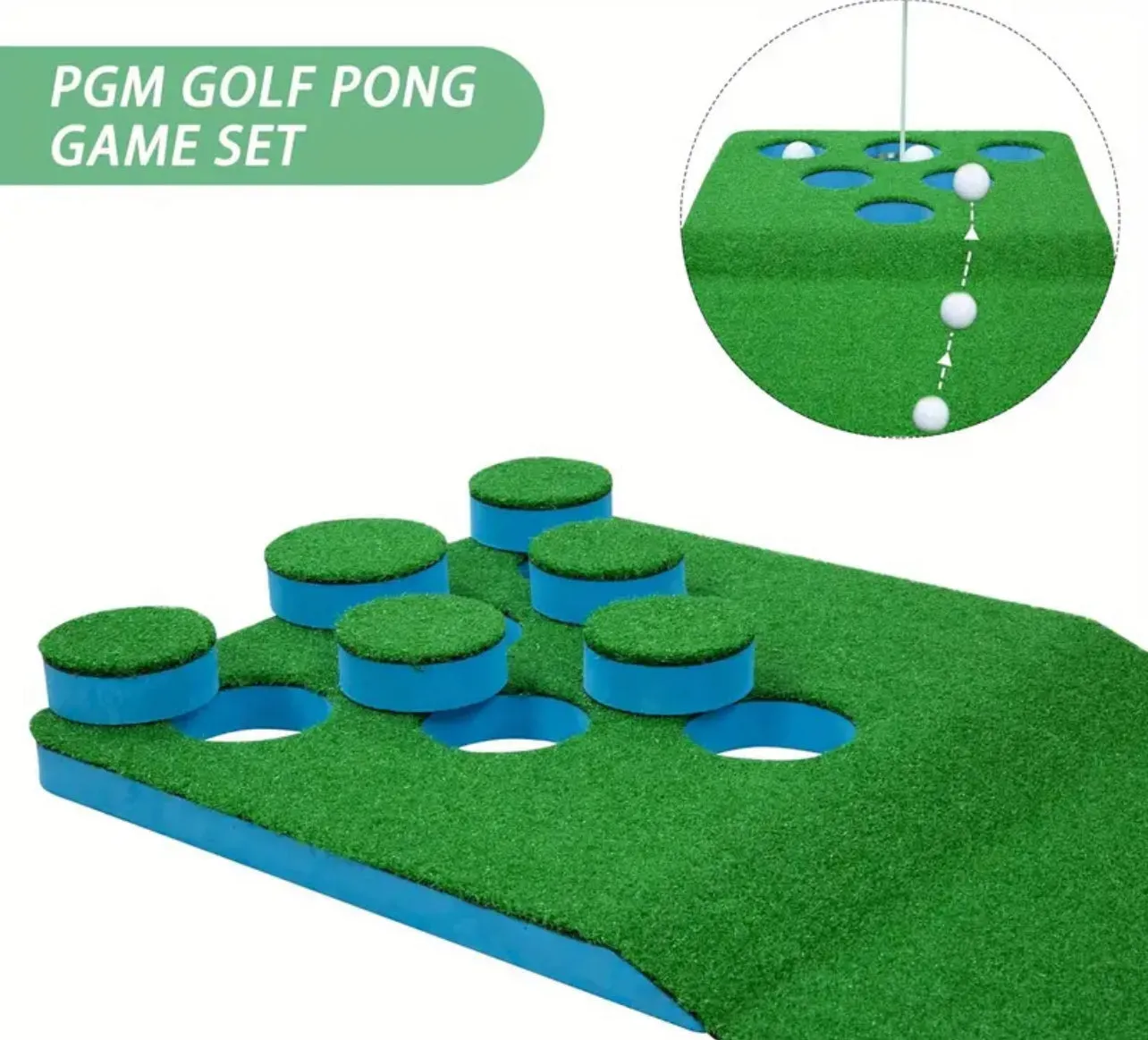 PGM Golf Pong Game Set | Putting Mat With 2 End Rectangle Ball Catch, 8 Golf Balls, 2 Golf Cups & Flags, 1 Portable Bag | Professional Quality | Portable Indoor & Outdoor Use | 17.7” x 137.8” (Putters Not Included)