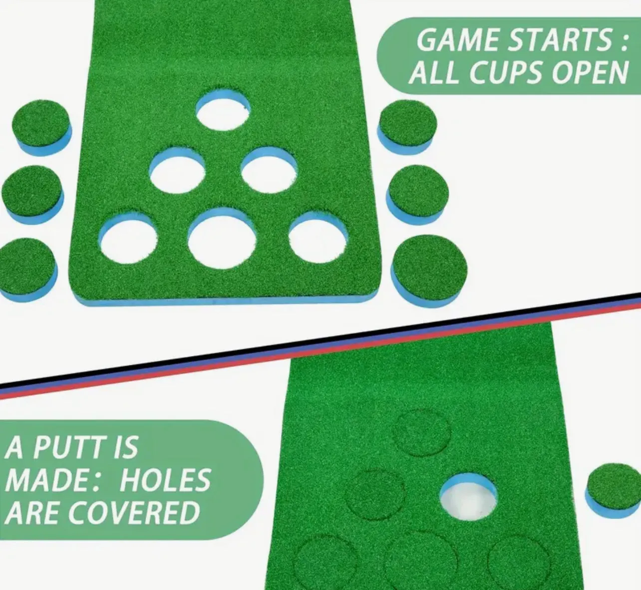 PGM Golf Pong Game Set | Putting Mat With 2 End Rectangle Ball Catch, 8 Golf Balls, 2 Golf Cups & Flags, 1 Portable Bag | Professional Quality | Portable Indoor & Outdoor Use | 17.7” x 137.8” (Putters Not Included)