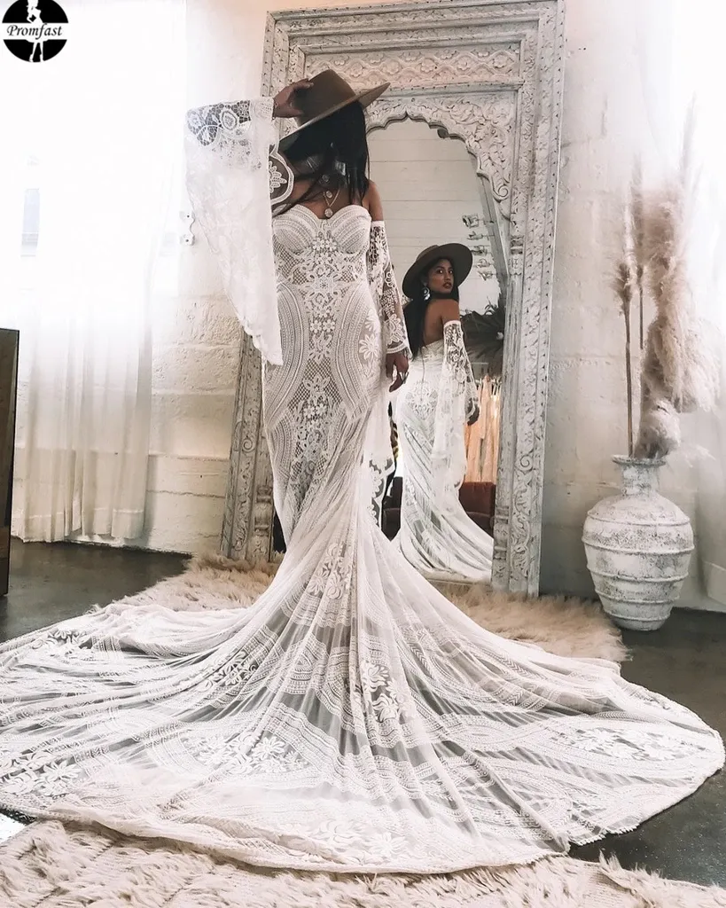Promfast Chic Mermaid Boho Lace Court Train Rustic Wedding Dress PFW0517
