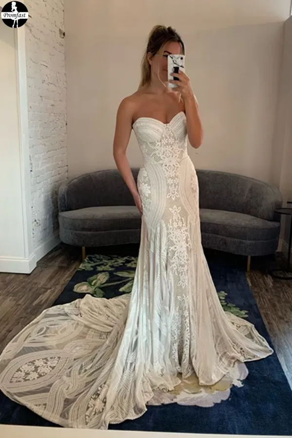Promfast Chic Mermaid Boho Lace Court Train Rustic Wedding Dress PFW0517