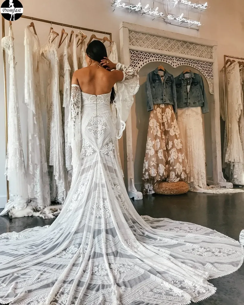 Promfast Chic Mermaid Boho Lace Court Train Rustic Wedding Dress PFW0517