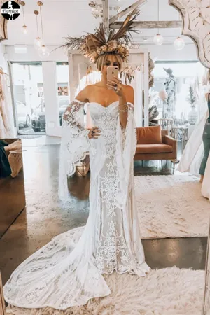 Promfast Chic Mermaid Boho Lace Court Train Rustic Wedding Dress PFW0517