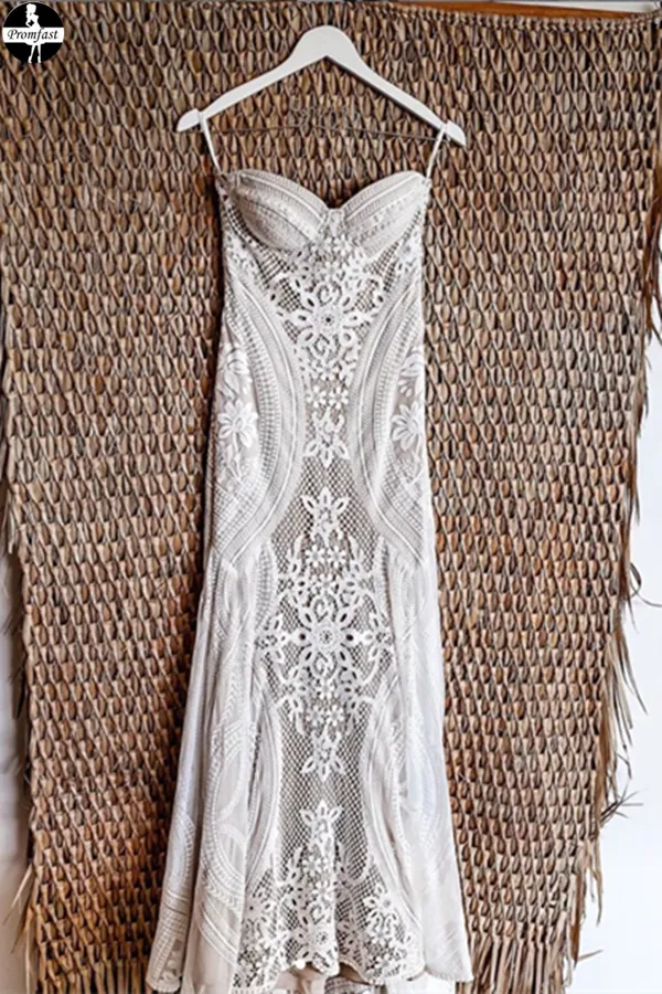 Promfast Chic Mermaid Boho Lace Court Train Rustic Wedding Dress PFW0517